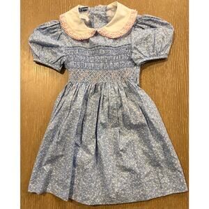 Polly Flinders Vintage Smocked Dress Blue Floral Ruffle Lace  Big Bow Size 4